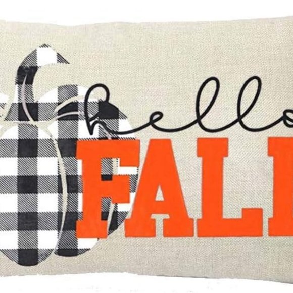 Hello Fall Black & White Plaid Pumpkin Square Throw Pillow Cover 12" x 20" - Picture 1 of 4